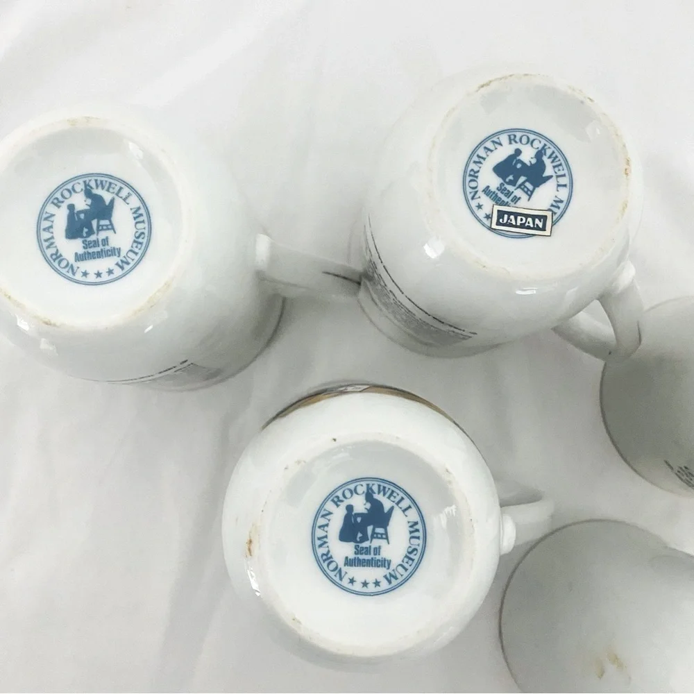 VINTAGE SET Of 5 Norman Rockwell Museum Coffee Mugs Cups White Gold Trim JAPAN